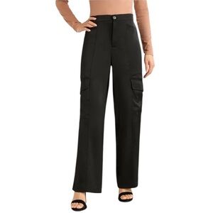 Sofia Vergara Black Satin Cargo Pants Wide Leg Utility Streetwear Chic Dressy